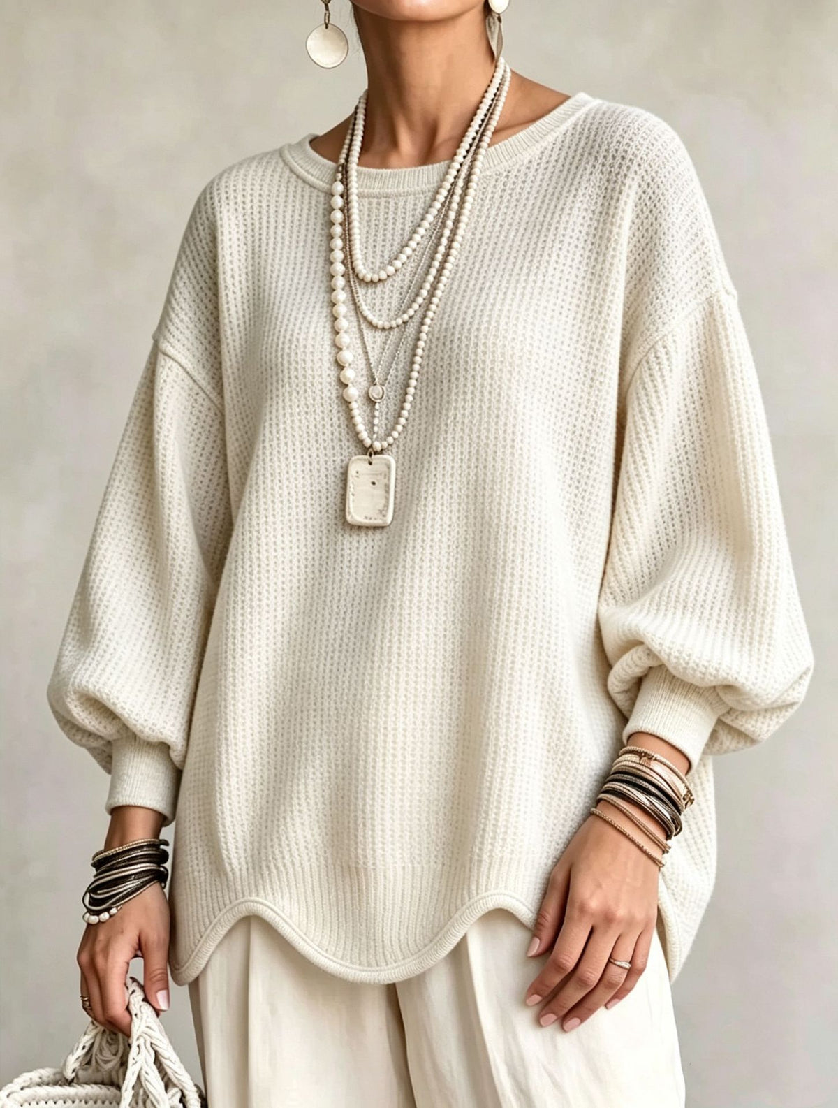 Women's Top - Round Neck, Lantern Sleeves and Wavy Hem