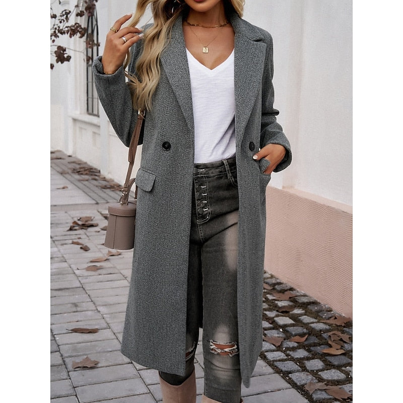 Women’s Long Winter Coat with Lapel Collar – Warm Elegant Outerwear