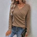Women’s Ribbed V-Neck Cross Detail Top – Feminine Fitted Style