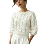 Milky-White Chunky-Knit Short-Sleeve Sweater - Soft and Cozy