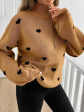 Women’s Heart-Pattern Zip Sweater - Soft and Warm