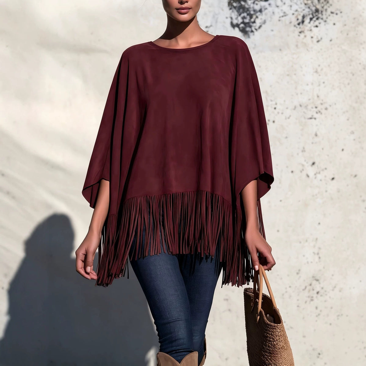 Women’s Loose Fringe Blouse – Relaxed Round Neck Top