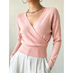 Cross-Neck Waist-Cinching Knit Sweater - Soft and Shaped