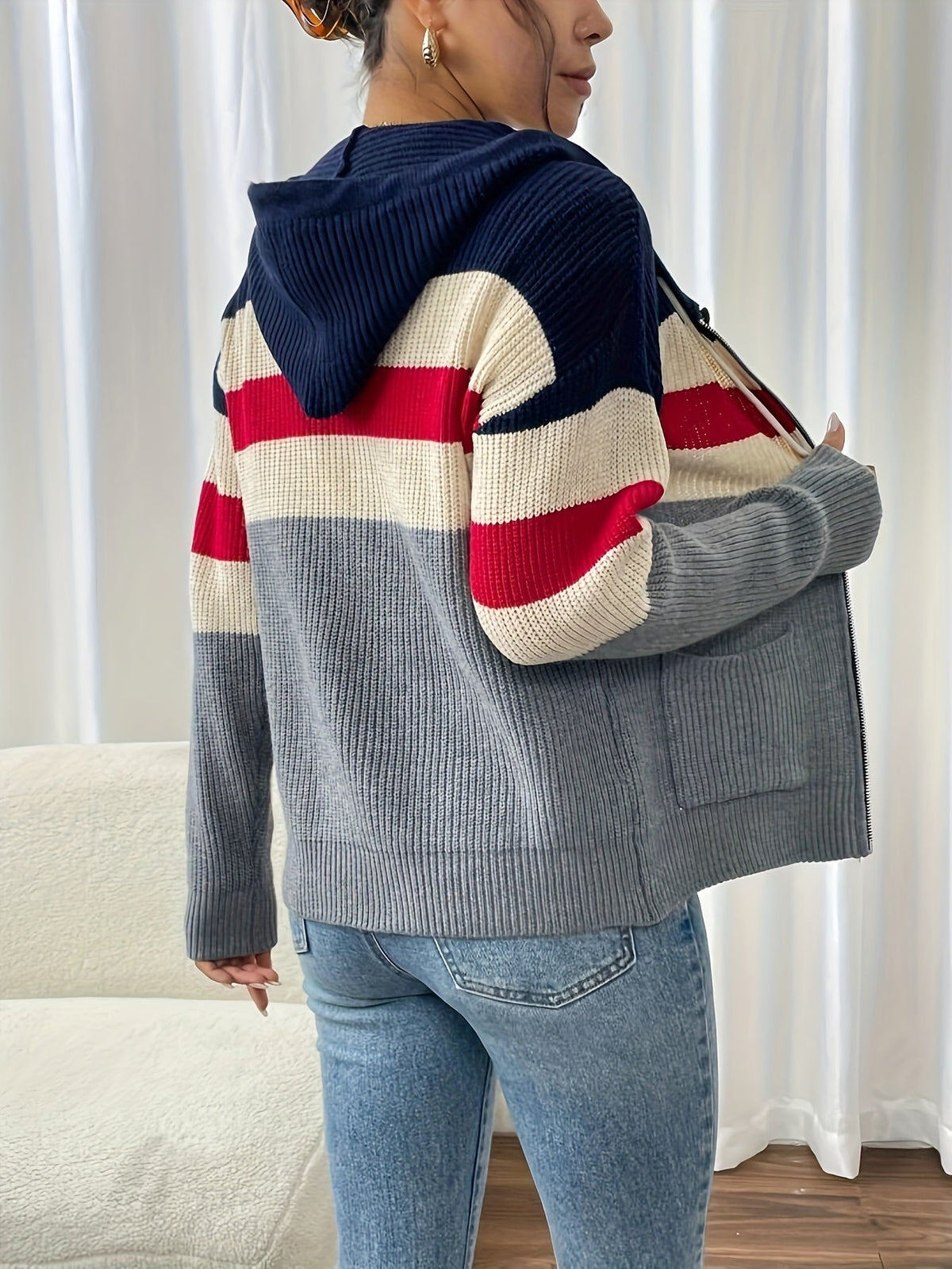 Women’s Color Block Hooded Zip Cardigan – Cozy Casual Layer