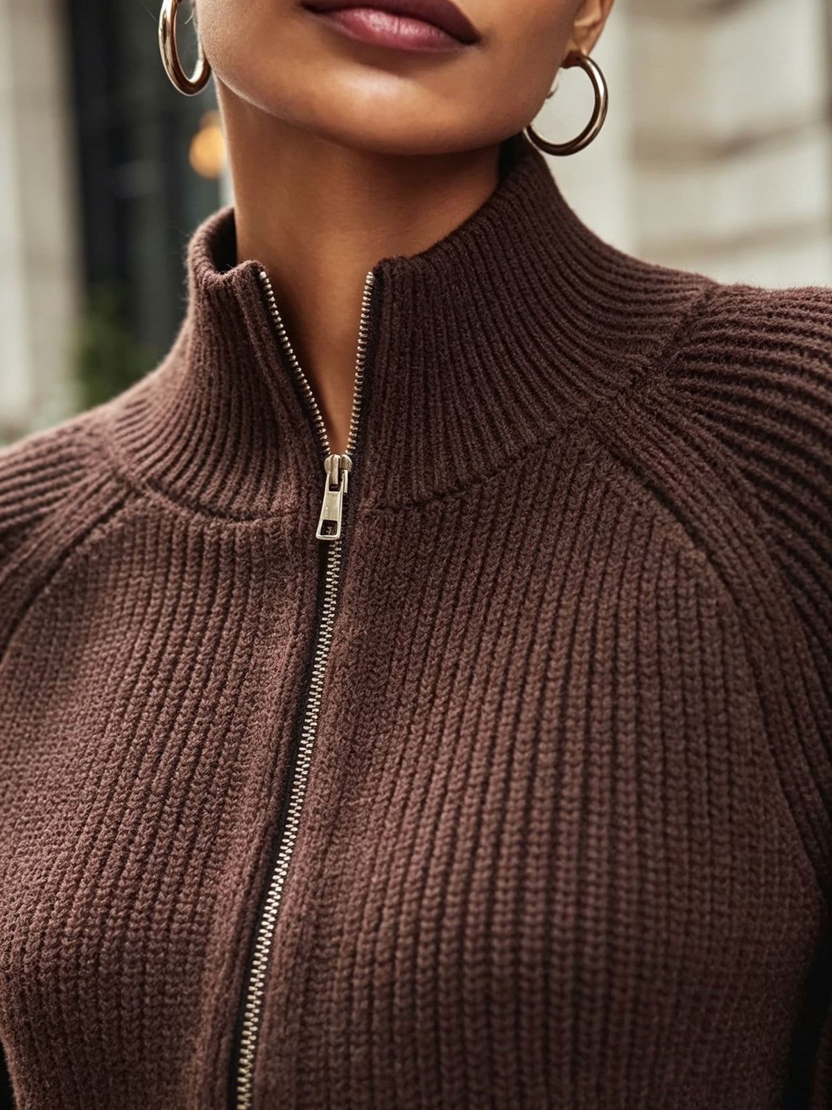 Women’s Zip-Up Puff-Sleeve Cardigan – Modern Cozy Layer