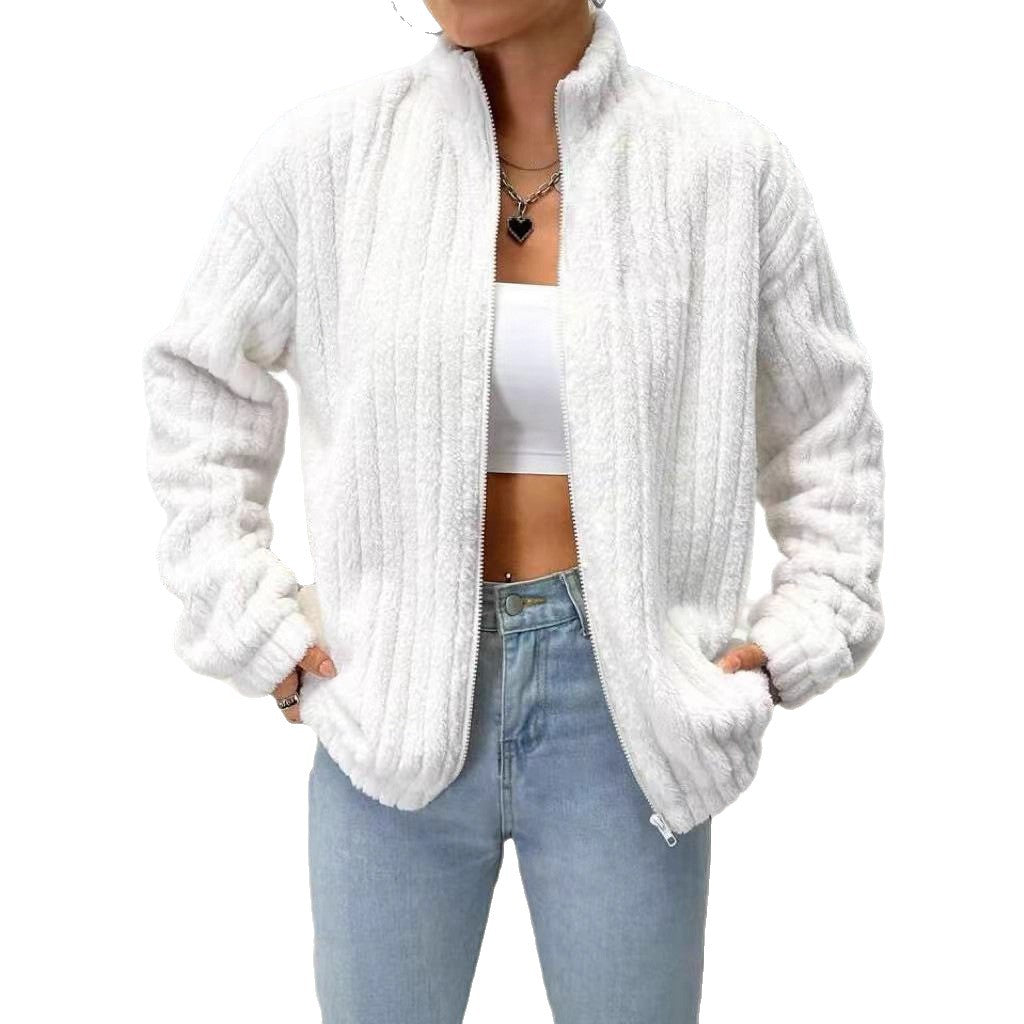 Women’s Double-Sided Plush Zip Cardigan – Warm Cozy Layer