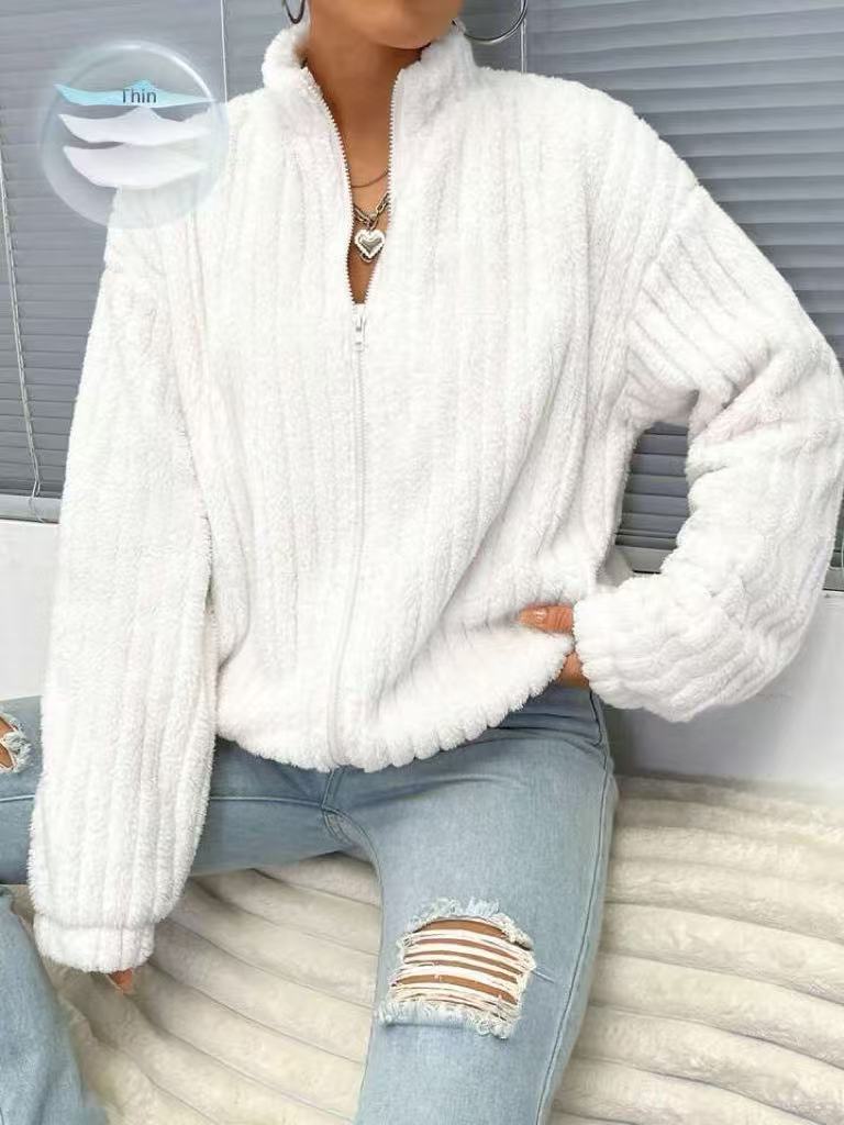 Women’s Double-Sided Plush Zip Cardigan – Warm Cozy Layer