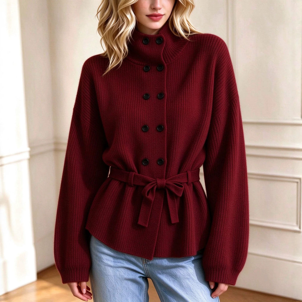 Women’s Double-Breasted Knit Coat – Elegant Long Sleeve Outerwear