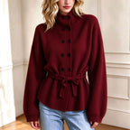 Women’s Double-Breasted Knit Coat – Elegant Long Sleeve Outerwear