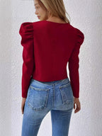 Women's Cardigan - Round Neck, Zip Closure and Puff Sleeves