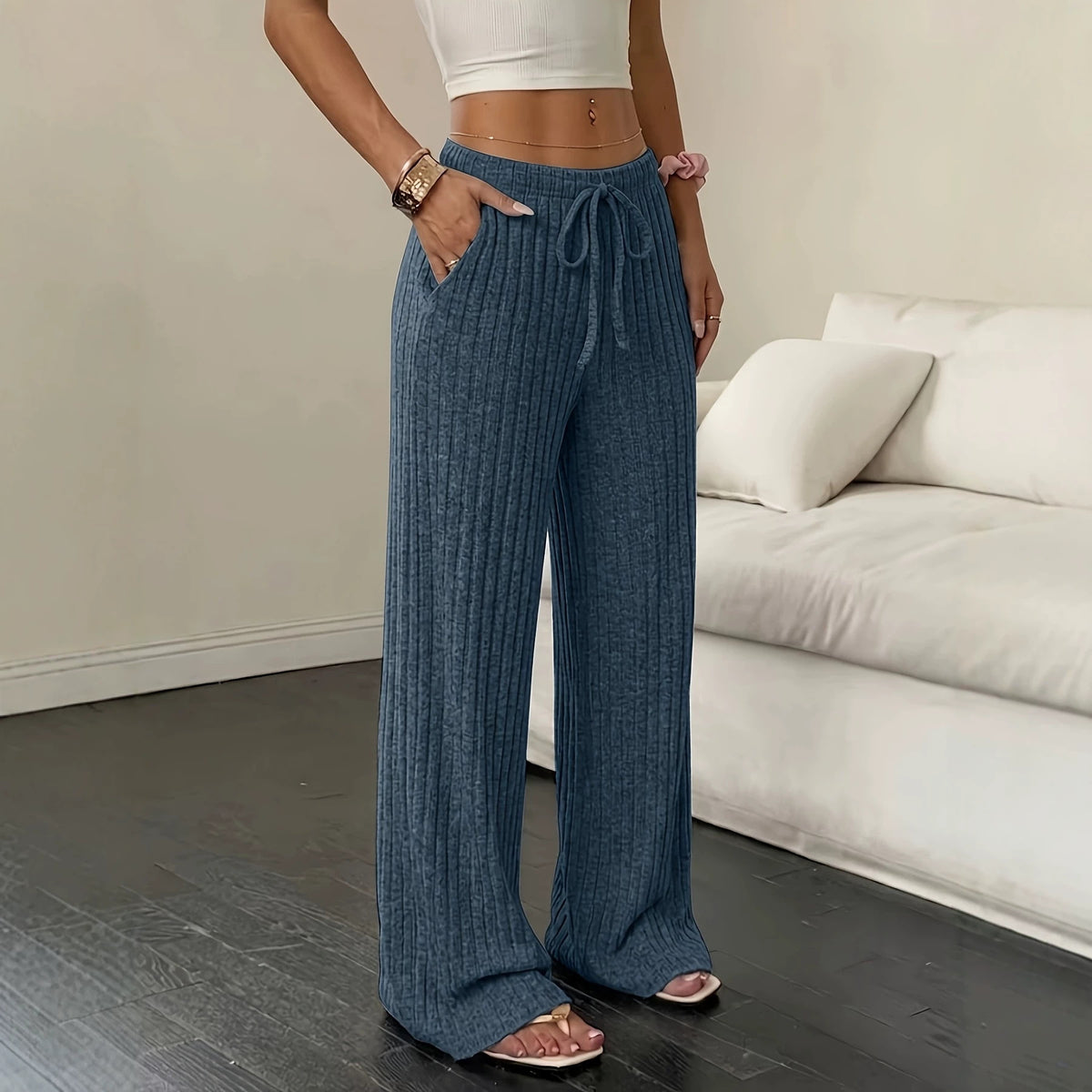 Women’s Wide-Leg Ribbed Knit Pants – Comfortable Casual Fit