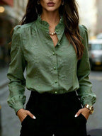 Women’s Jacquard Stand Collar Blouse – Relaxed Refined Top