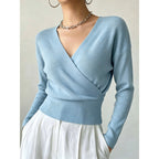 Cross-Neck Waist-Cinching Knit Sweater - Soft and Shaped
