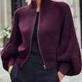 Women’s Zip-Up Puff-Sleeve Cardigan – Modern Cozy Layer