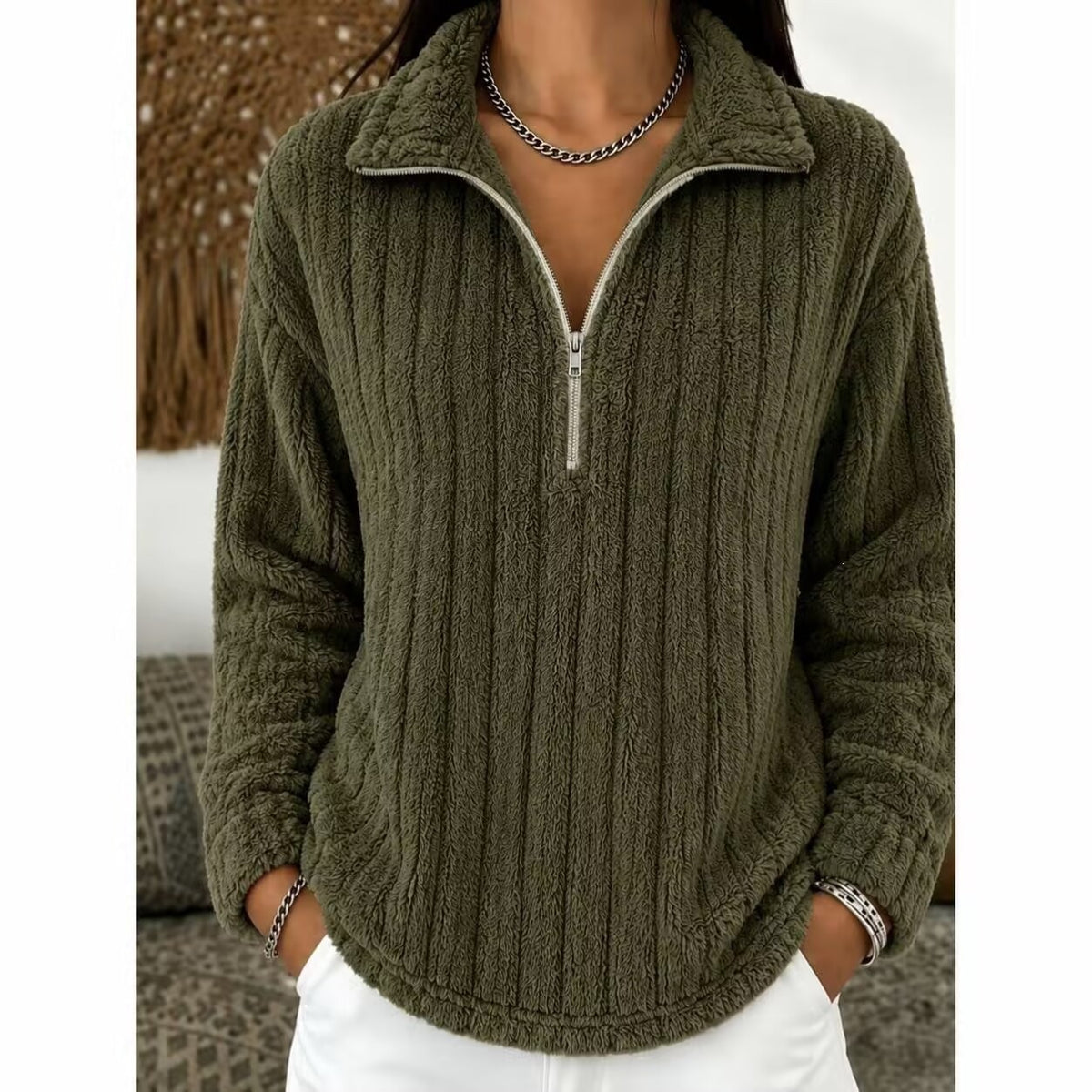 Women’s Ribbed Zip-Collar Sweater - Warm and Comfortable