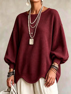 Women's Top - Round Neck, Lantern Sleeves and Wavy Hem