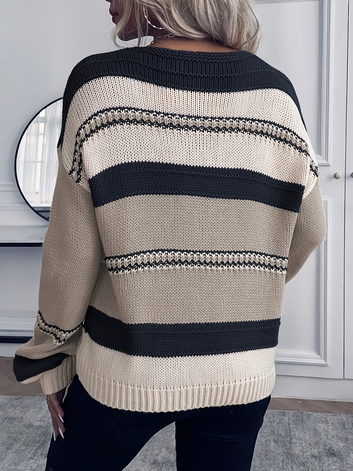 Women's Striped Sweater - V-Neck Knit