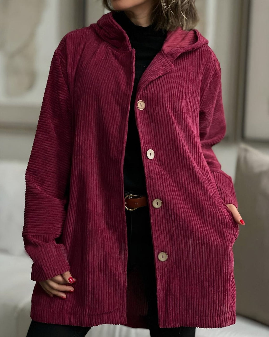 Women's Casual Jacket - Hooded with Button Closure