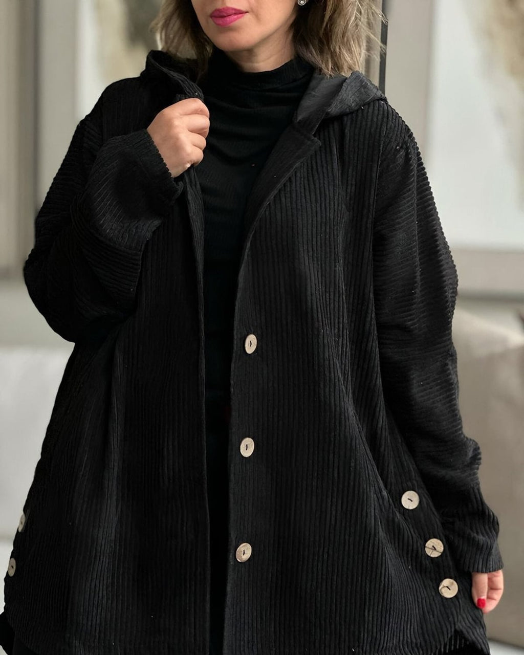 Women's Casual Jacket - Hooded with Button Closure
