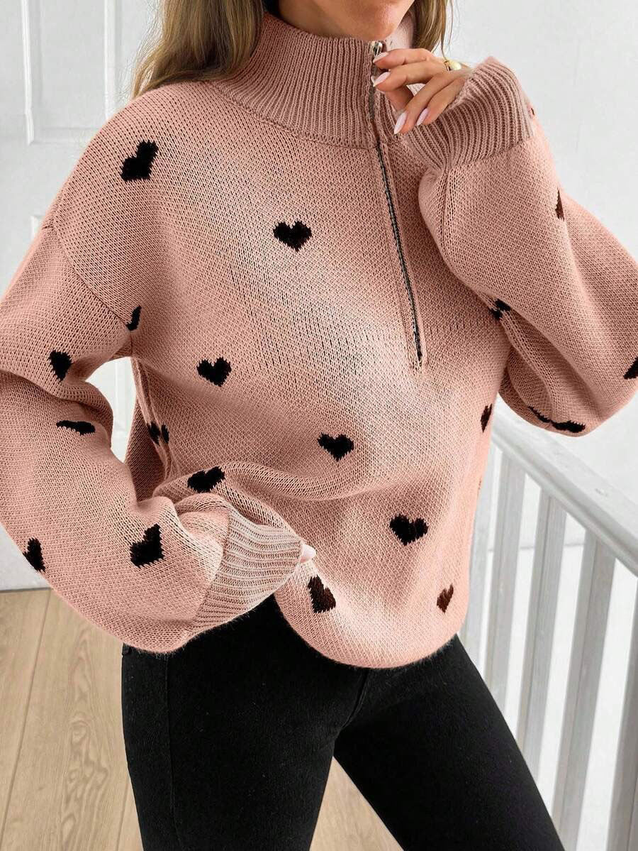 Women’s Heart-Pattern Zip Sweater - Soft and Warm