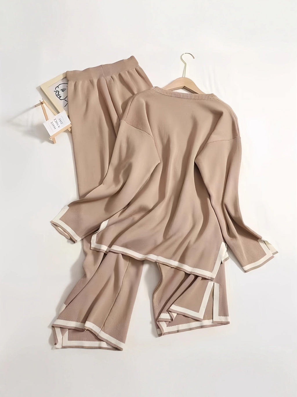 Slit Long-Sleeve Top and Wide-Leg Pants Set - Polished and Comfortable
