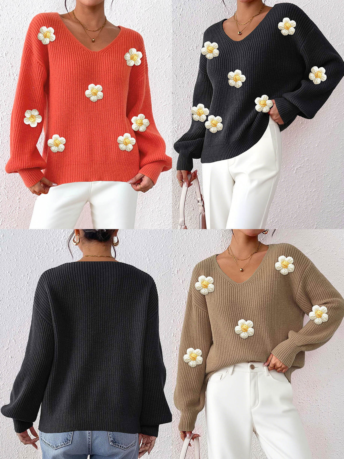 Floral 3D Patchwork V-Neck Sweater - Hand-Knitted and Cozy