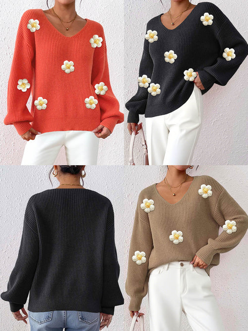 Floral 3D Patchwork V-Neck Sweater - Hand-Knitted and Cozy