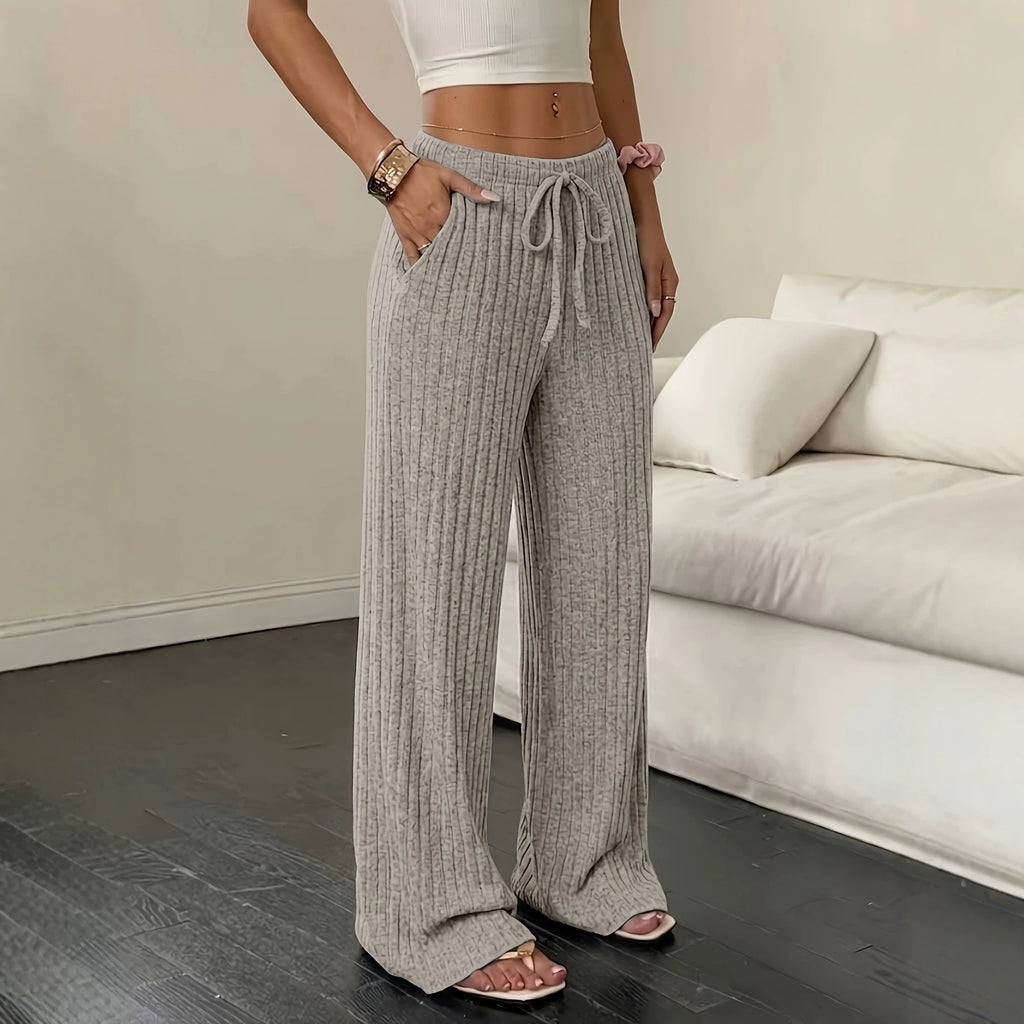 Women’s Wide-Leg Ribbed Knit Pants – Comfortable Casual Fit