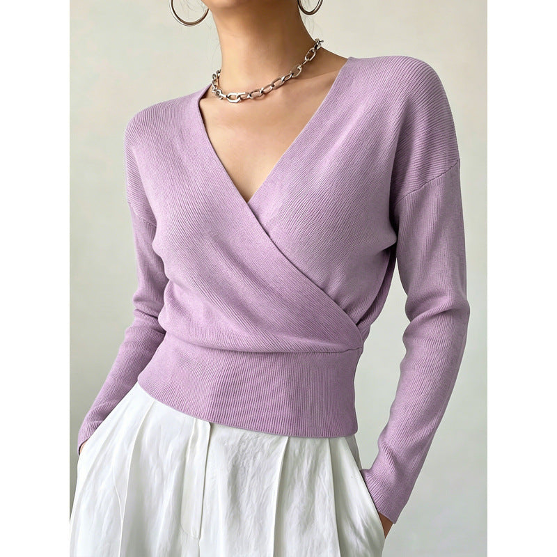 Cross-Neck Waist-Cinching Knit Sweater - Soft and Shaped