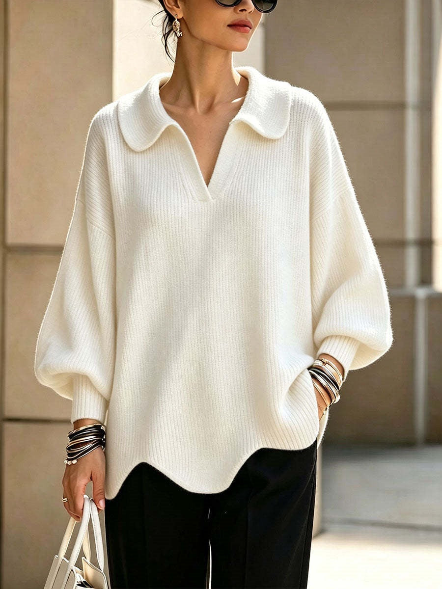 Women’s V-Neck Lantern Sleeve Sweater – Relaxed Feminine Knit