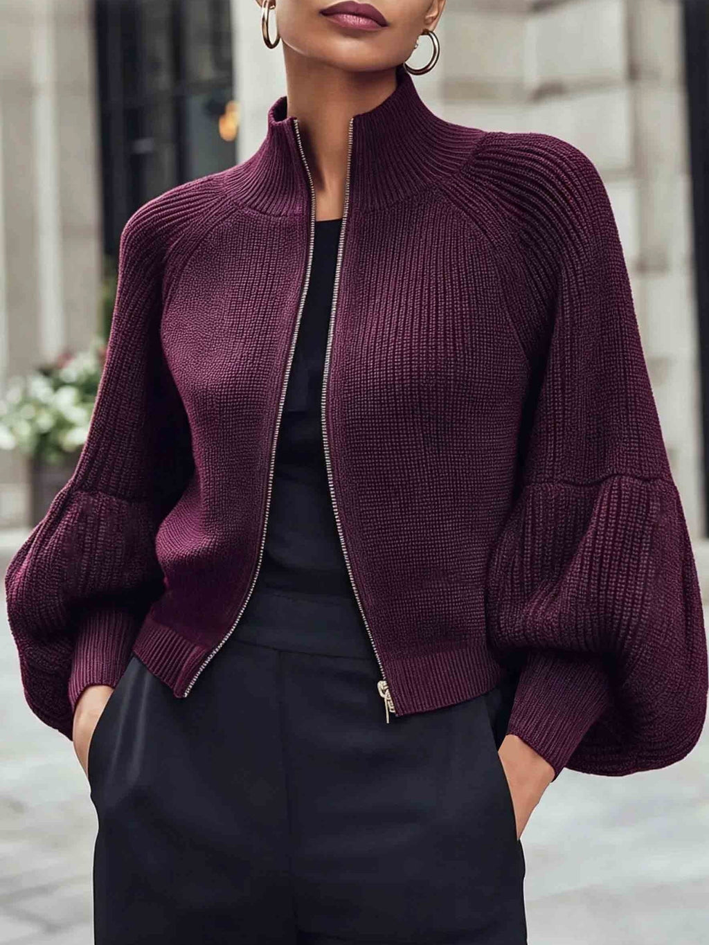 Women’s Zip-Up Puff-Sleeve Cardigan – Modern Cozy Layer
