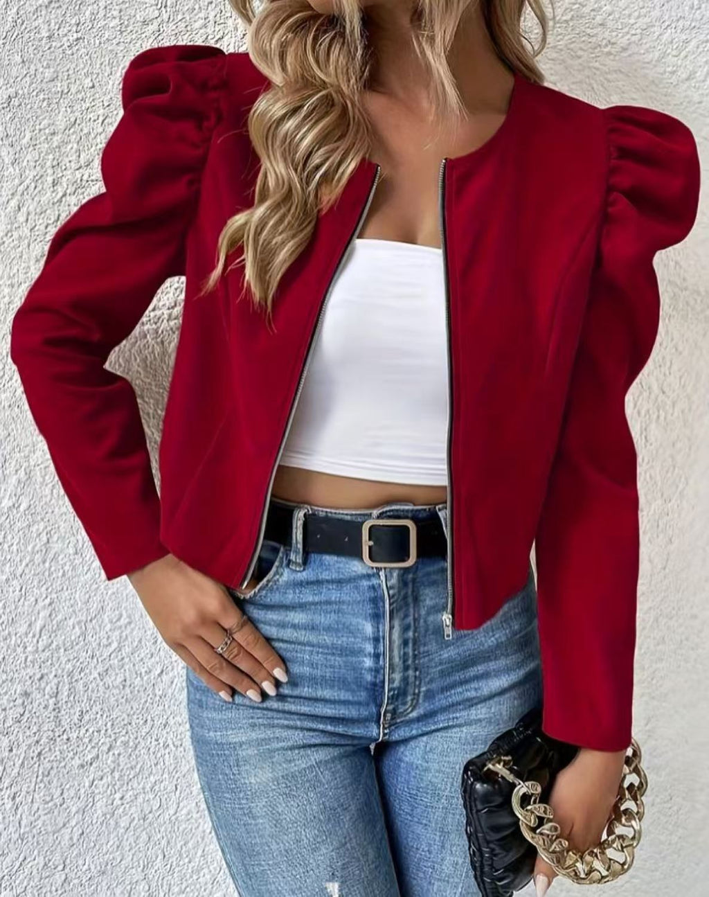 Women's Cardigan - Round Neck, Zip Closure and Puff Sleeves