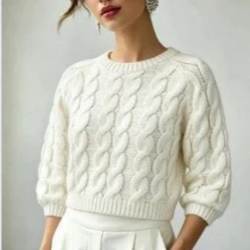 Milky-White Chunky-Knit Short-Sleeve Sweater - Soft and Cozy