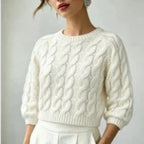 Milky-White Chunky-Knit Short-Sleeve Sweater - Soft and Cozy