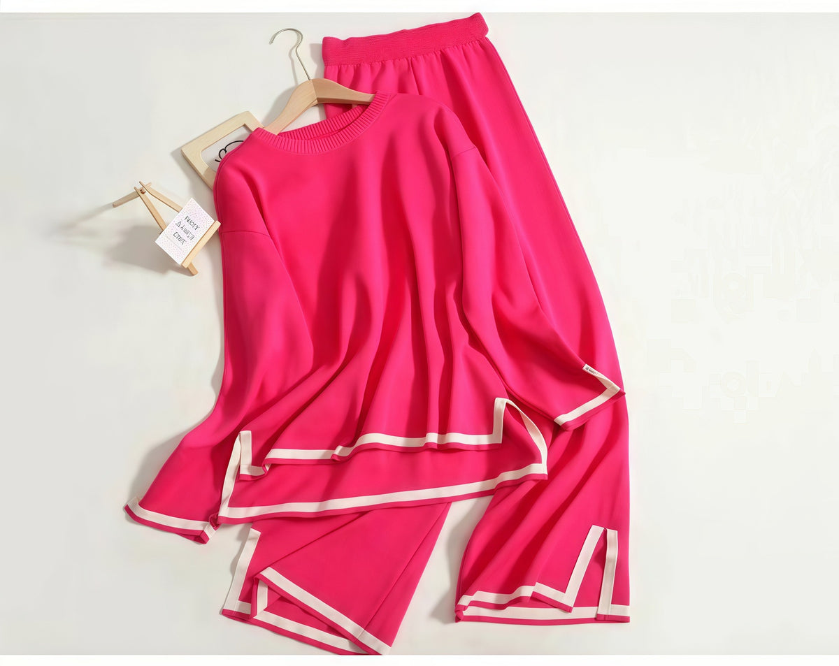 Slit Long-Sleeve Top and Wide-Leg Pants Set - Polished and Comfortable