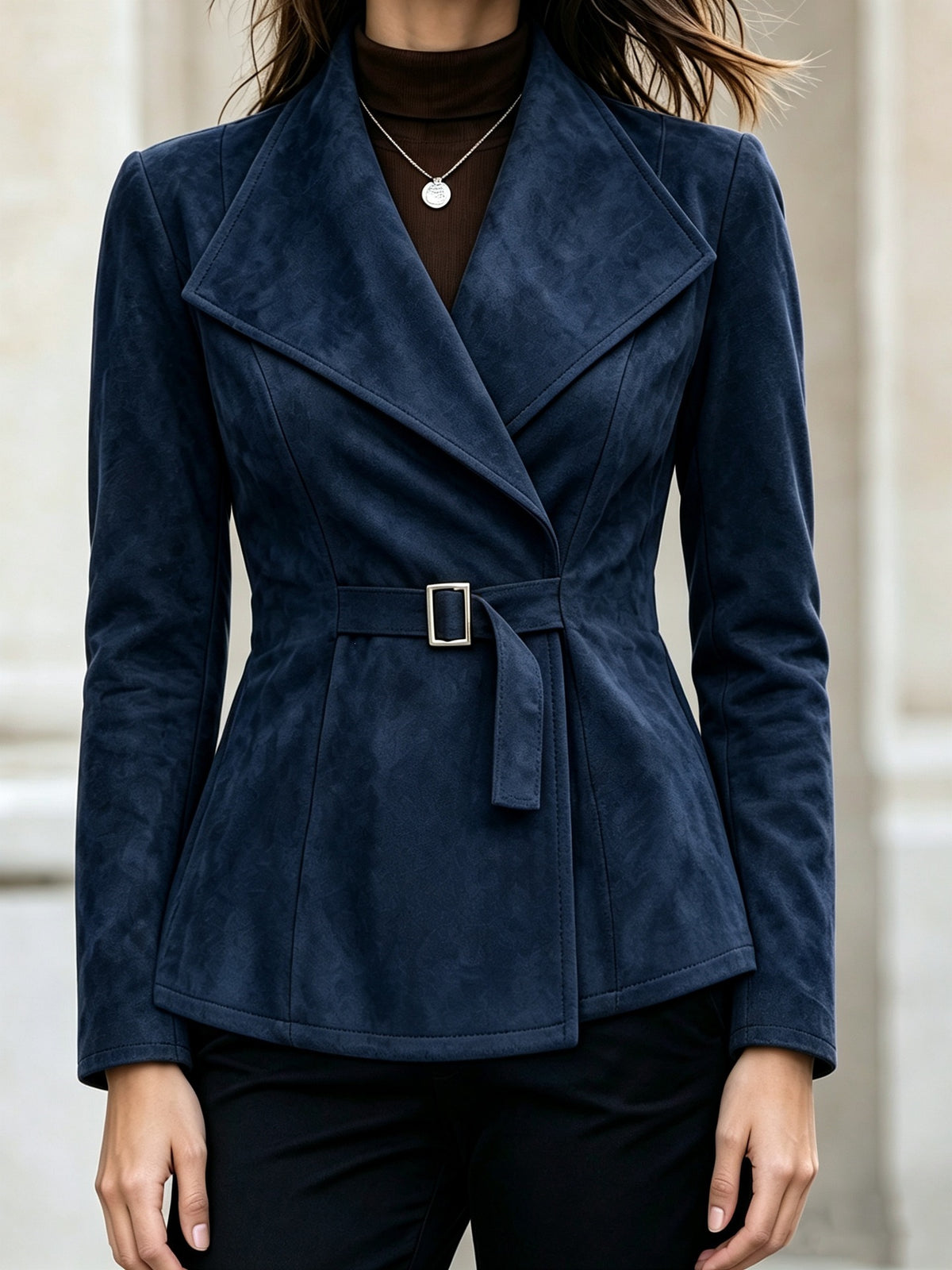 Women’s Faux Suede Lapel Coat – Elegant Long Sleeve Outerwear