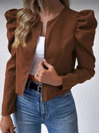 Women's Cardigan - Round Neck, Zip Closure and Puff Sleeves