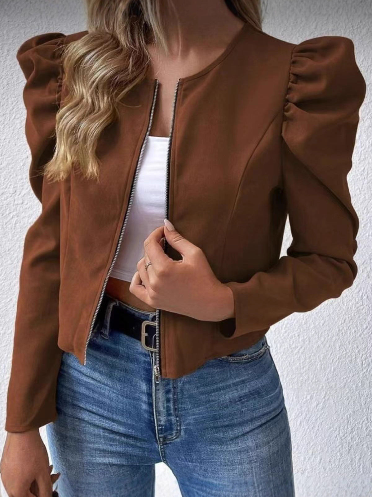 Women's Cardigan - Round Neck, Zip Closure and Puff Sleeves