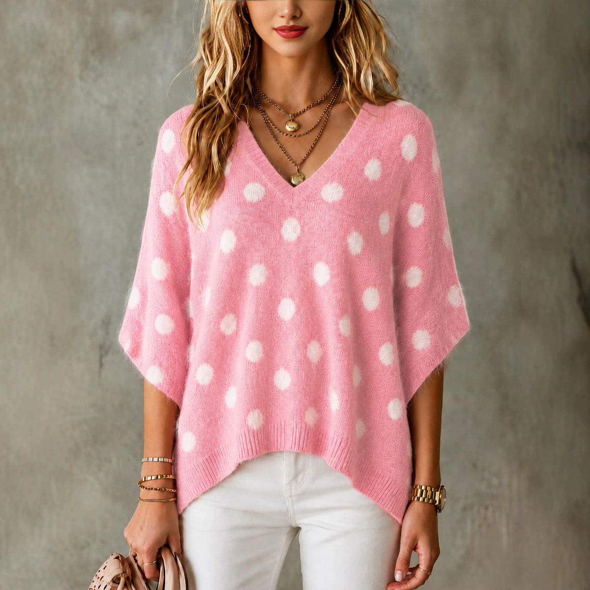 Polka-Dot V-Neck Knit Top - Light and Playful