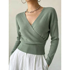 Cross-Neck Waist-Cinching Knit Sweater - Soft and Shaped