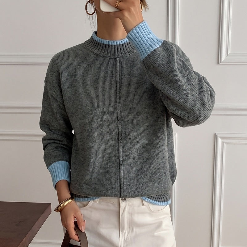 Half-Turtleneck Color-Block Sweater - Loose and Modern