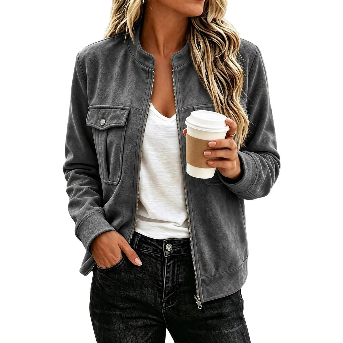 Women’s Suede-Look Zip Jacket - Casual and Elegant