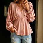 Draped Lantern-Sleeve Long-Sleeve Shirt - Soft and Versatile