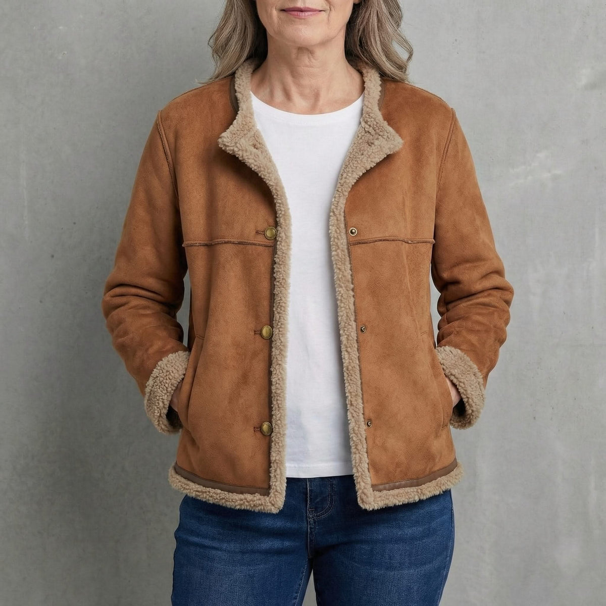 Sherpa-Lined Suede Look Jacket