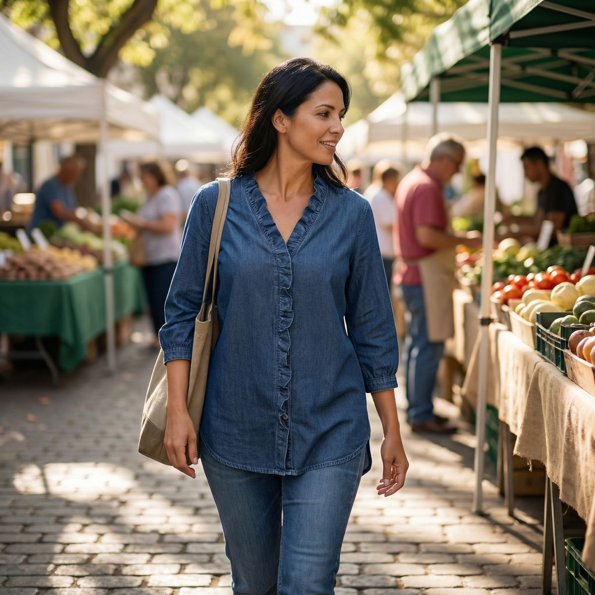 Vivara Ruffle V-Neck Denim Blouse - Soft and Feminine
