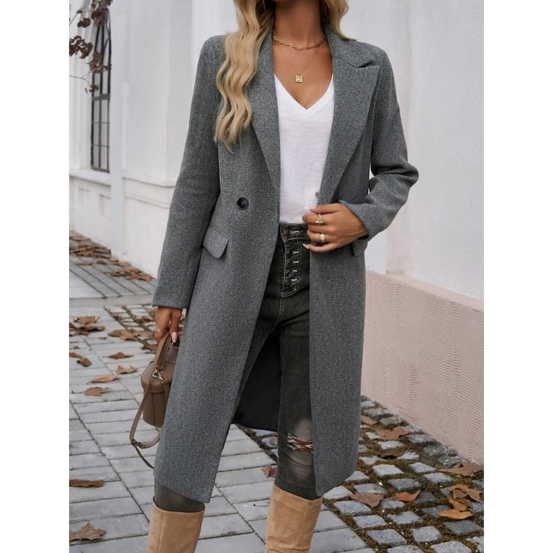 Women’s Long Winter Coat with Lapel Collar – Warm Elegant Outerwear