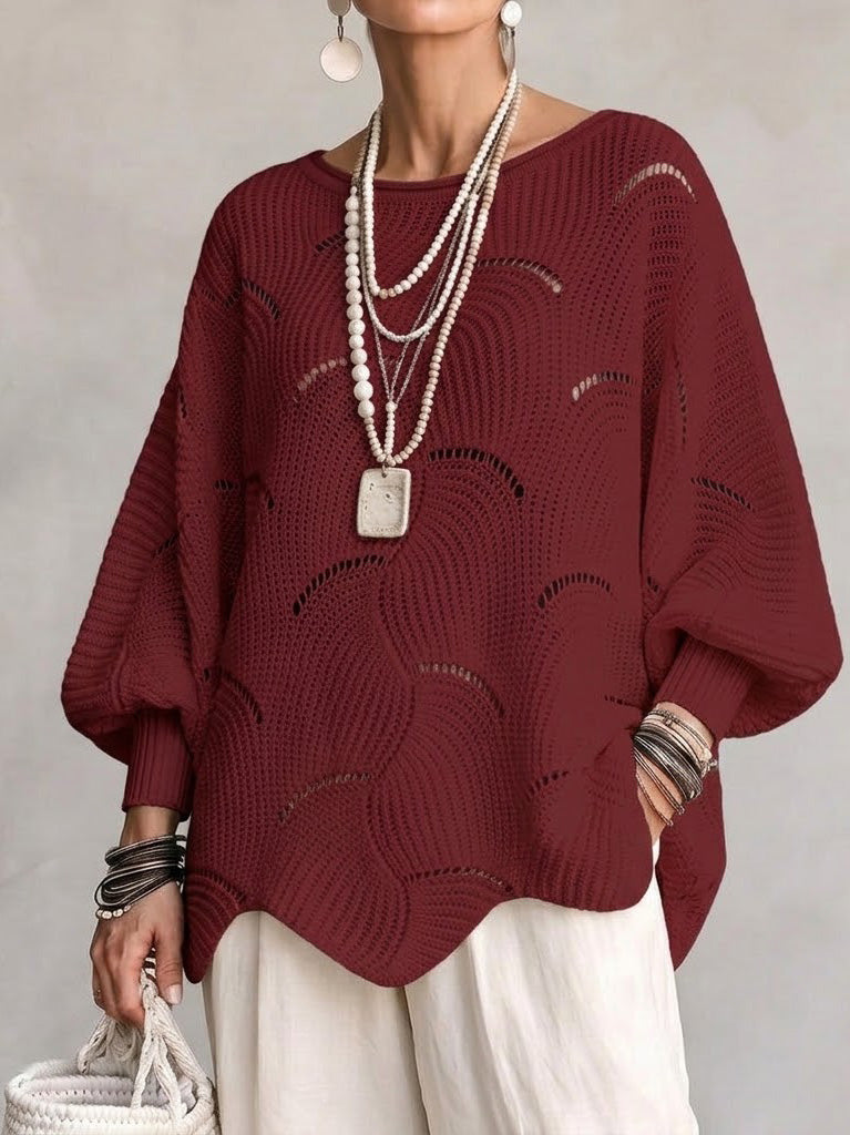 Women’s Open-Knit Wave Pattern Sweater – Soft Relaxed Pullover