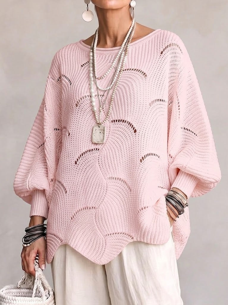 Women’s Open-Knit Wave Pattern Sweater – Soft Relaxed Pullover