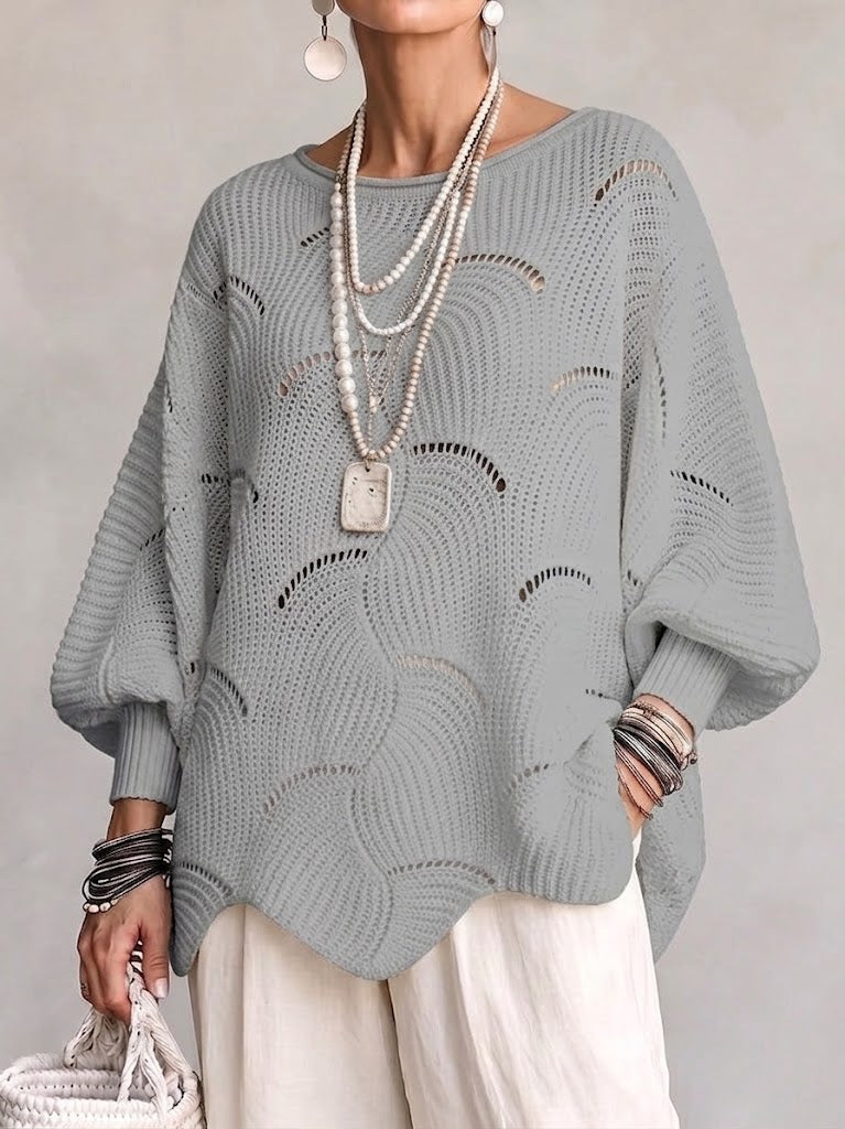 Women’s Open-Knit Wave Pattern Sweater – Soft Relaxed Pullover