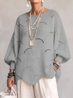 Women’s Open-Knit Wave Pattern Sweater – Soft Relaxed Pullover